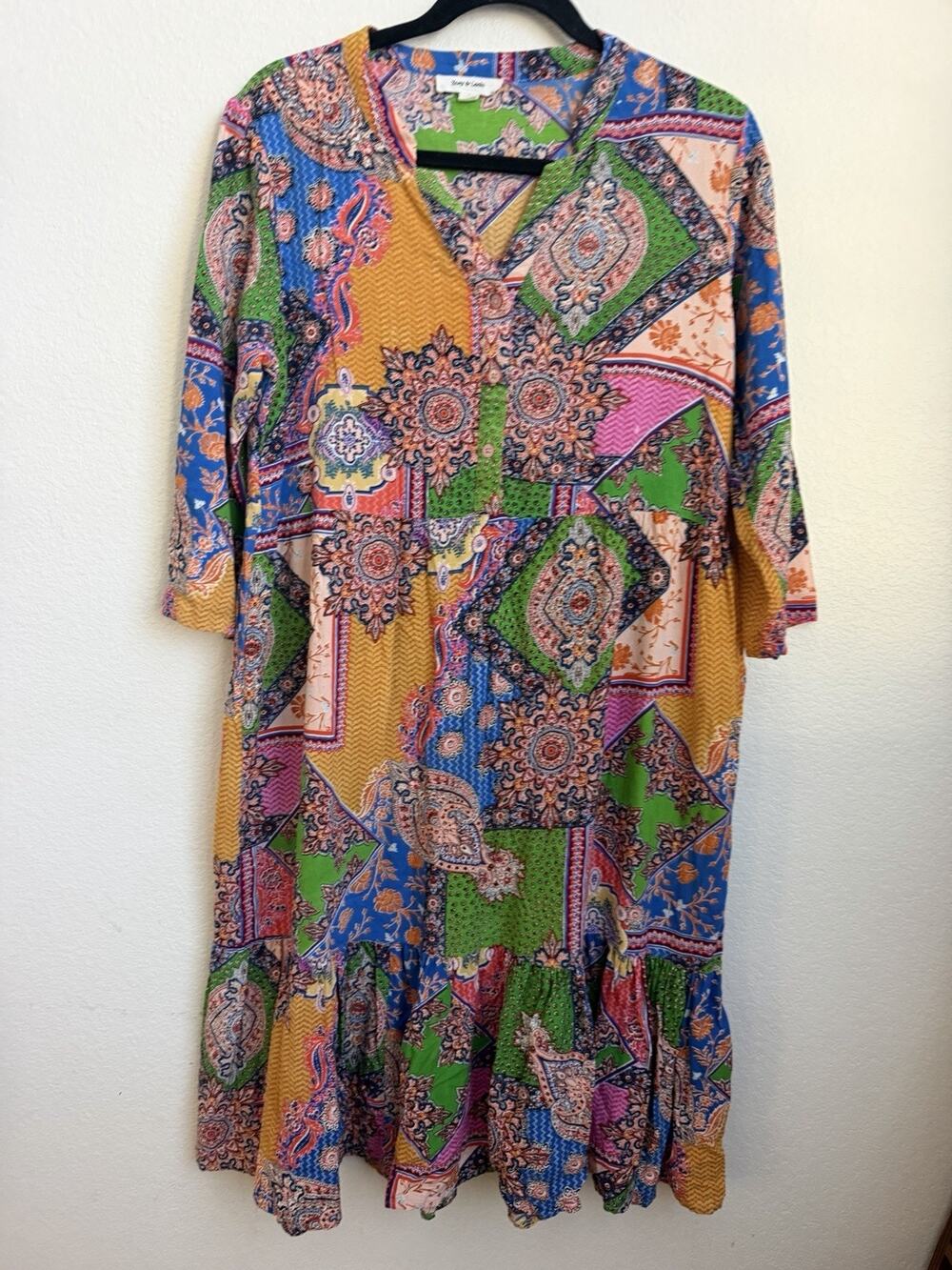Zoey & Leelo Colorful Ruffled Bottom Rayon Women's Dress 3/4 Sleeves Size Large